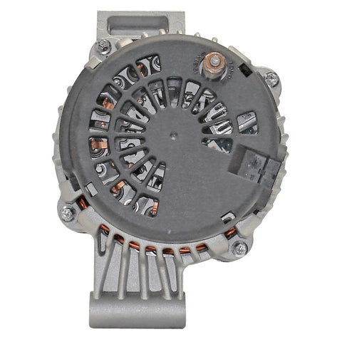 Front view of remanufactured alternator with high quality bearings, low noise operation, double lip seals, and high temp lubricant.