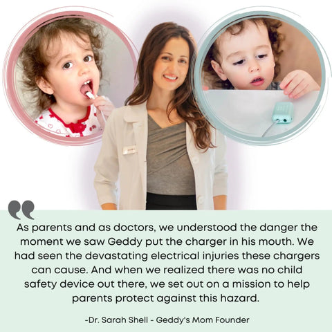 Doctor discussing child safety with examples of USB charger dangers and Kid Friendly USB Charger Covers 6 Pack Dusty Aqua usage.