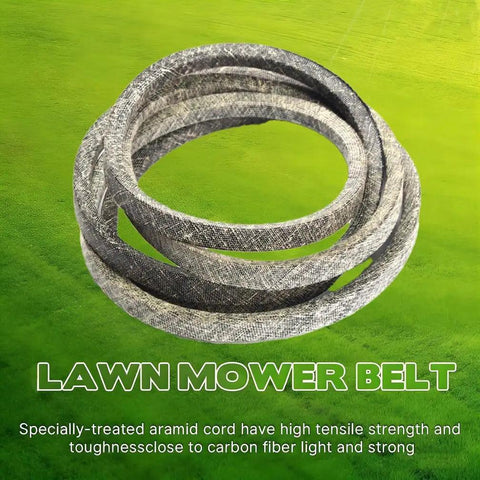 5/8 Inch By 126 Inch Lawn Mower Deck Belt With Aramid Cord Reinforcement shown coiled on green background