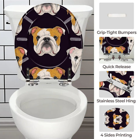Toilet Seat Round Resin for Bathroom with bulldog design, featuring grip-tight bumpers and quick release hinges.