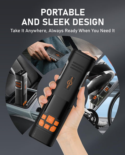 Cordless Tire Inflator Portable Air Compressor With 150 PSI Auto Shutoff LED Light And Digital Pressure Gauge in hand