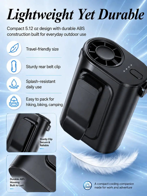 Ultra Lightweight Clip On Waist Fan For Outdoor Adventures Portable Belt Mounted Cooling Splash Proof ABS Build Everyday Gear