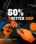 Kickass Heavy Duty 8 Mil Orange Nitrile Gloves With Diamond Textured Grip, Latex And Powder Free For Industrial Mechanic Shops, Ultra Thick Chemical Resistant Protection, 10 Pack Large showing improved grip during mechanical work.