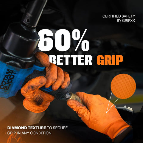 Kickass Heavy Duty 8 Mil Orange Nitrile Gloves With Diamond Textured Grip, Latex And Powder Free For Industrial Mechanic Shops, Ultra Thick Chemical Resistant Protection, 10 Pack Large showing improved grip during mechanical work.