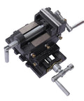 Pro Grade Top Shelf 3 Inch 2 Way Cross Slide Drill Press Vise With XY Travel Scales cast iron construction and adjustable handles.