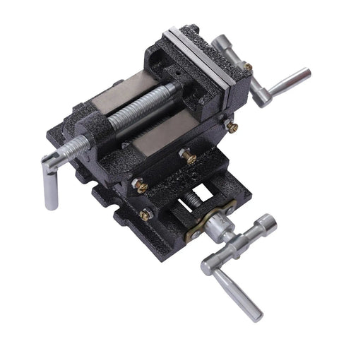 Pro Grade Top Shelf 3 Inch 2 Way Cross Slide Drill Press Vise With XY Travel Scales cast iron construction and adjustable handles.