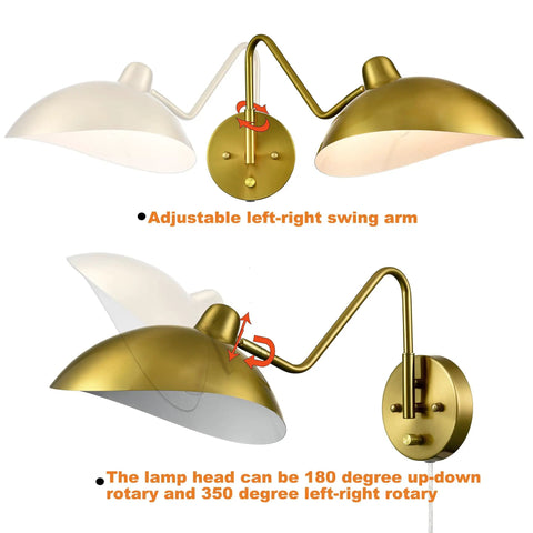 Plug In Wall Sconce Set Of 2 With Adjustable Swing Arm In Gold Brass Finish Easy On Off Switch 2 In 1 Plug In Or Hardwire