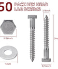 Heavy Duty Wood Lag Screws Set 304 Stainless Steel 3/8 Inch By 3 Inch Hex Head Bolts With Washers 50 Pack Includes 50 Washers And Hex Socket Drill For Decks Fences Outdoor Projects, visible hex head screws and washers with dimensions.