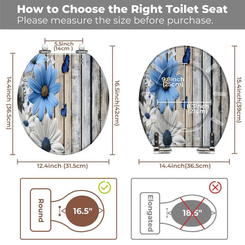 Toilet Seat Round Resin for Bathroom, floral design with size measurements for proper fitting, 14.4 x 12.4 inches.
