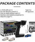 Package contents of 1 To 76 Scale RC Sport Car Turbo Racing Mini Model For Tabletop Fun with remote, car shells, and tools shown