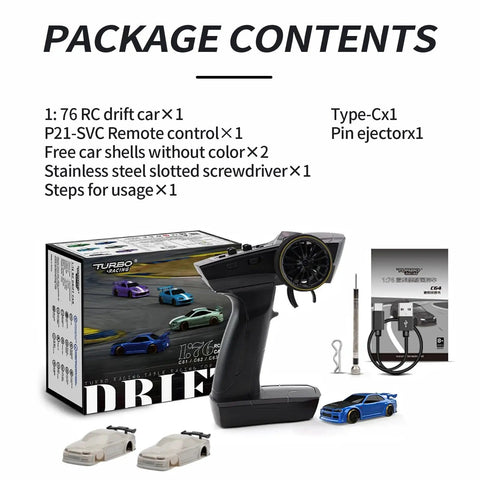 Package contents of 1 To 76 Scale RC Sport Car Turbo Racing Mini Model For Tabletop Fun with remote, car shells, and tools shown
