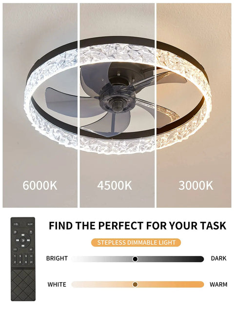 Low Profile Flush Mount Ceiling Fan With Light And Remote Black Round Bladeless Ceiling Fan For Small Rooms 30W LED Light