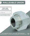 1-1/2 Inch Galvanized Malleable Iron Straight Union With Female Threaded Ends, 150 Lb Rating, Heavy Duty Pipe Fitting For Plumbing, UL ULC FM Approved, angled view