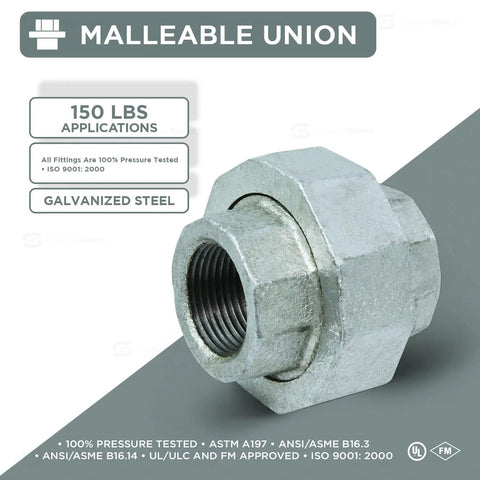 1-1/2 Inch Galvanized Malleable Iron Straight Union With Female Threaded Ends, 150 Lb Rating, Heavy Duty Pipe Fitting For Plumbing, UL ULC FM Approved, angled view