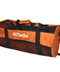 Orange 100L Mesh Dive Duffel Bag For Scuba Gear And Water Sports with black straps and logo, side view
