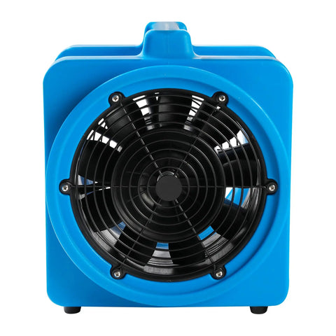 Front view of Beast 8 Inch Axial Blower Air Mover With 1100 CFM High Pressure Mini Industrial Fan, blue casing, sealed motor.