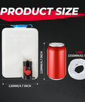 Universal 12V Windshield Washer Pump Kit dimensions with fluid reservoir bottle, nozzle, switch, and wiring shown next to a soda can.