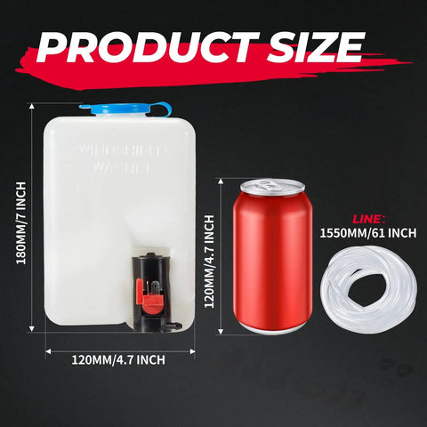 Universal 12V Windshield Washer Pump Kit dimensions with fluid reservoir bottle, nozzle, switch, and wiring shown next to a soda can.