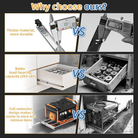 Comparison of heavy duty locking drawer slides with full extension showing durability, load capacity, and storage benefits for industrial use.