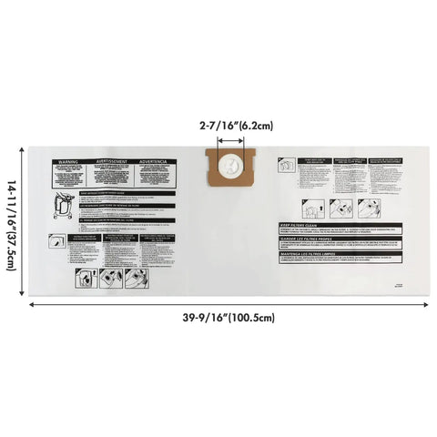 Packaging of 10 To 14 Gallon Disposable Vacuum Filter Bags 6 Pack with instructions and measurements visible.