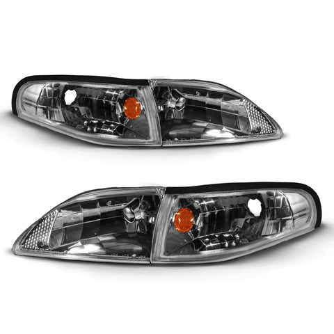 Pair of gun-metal replacement headlights with amber turn signals for 1994–1998 Ford Mustang, passenger and driver sides.