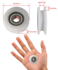 Four Pc U Groove Pom Pulleys With Eight mm Bore And 34 mm Outer Diameter view, showing dimensions and design for mechanical builds.