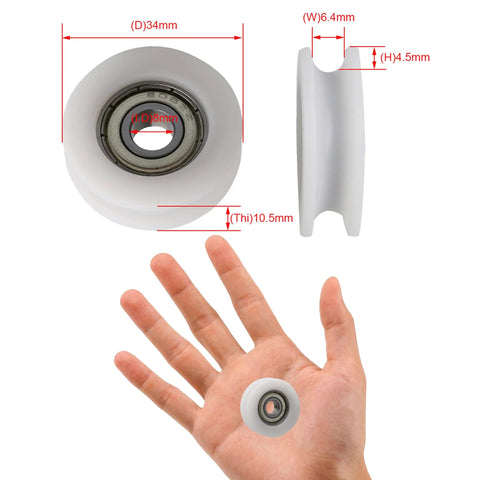 Four Pc U Groove Pom Pulleys With Eight mm Bore And 34 mm Outer Diameter view, showing dimensions and design for mechanical builds.