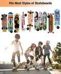 Premium Quality Rad And Heavy Duty Skateboard Wall Mount Rack Featuring Five Tier Deck Storage Shelves And Hella Bottom Hooks For Helmets Pads Backpack Shoes Bags alongside children skating.