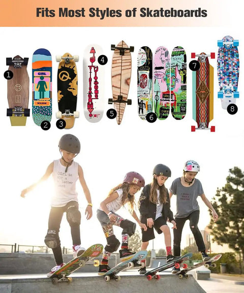 Premium Quality Rad And Heavy Duty Skateboard Wall Mount Rack Featuring Five Tier Deck Storage Shelves And Hella Bottom Hooks For Helmets Pads Backpack Shoes Bags alongside children skating.