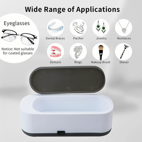 Ultrasonic Cleaner For Glasses Jewelry And Dentures Portable Small Desktop Machine with Anti Slip Base and open lid showing applications.