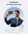 Man holding an iPhone with Ultra Compact 10000Mah Portable Power Bank With Qi2 Certified 15W MagSafe Wireless Charging.