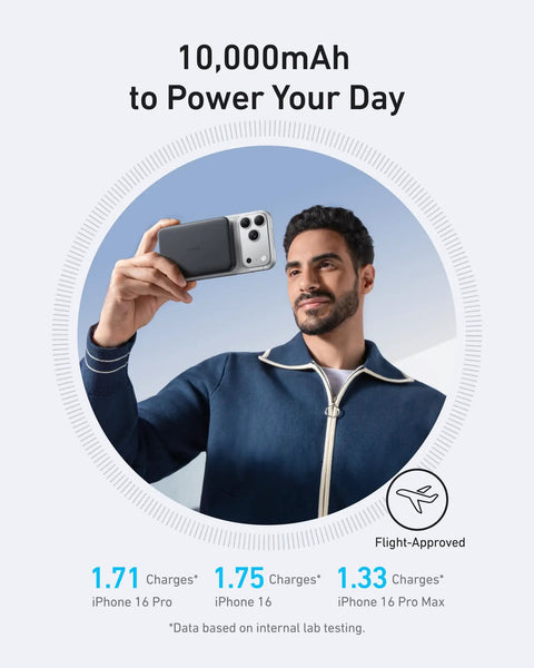 Man holding an iPhone with Ultra Compact 10000Mah Portable Power Bank With Qi2 Certified 15W MagSafe Wireless Charging.