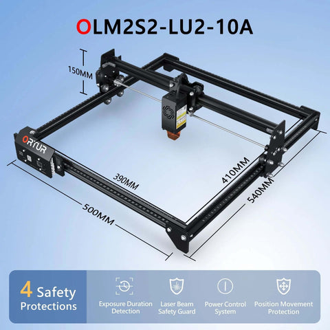 ORTUR Laser Master 2 S2 LU2-10A laser engraver on a black frame with linear rails and a mounted laser module