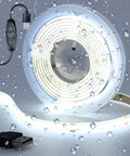 5V USB COB LED Strip Light With 640 LEDs, 6.6Ft IP65 Waterproof, showing USB connector and water droplets on coil