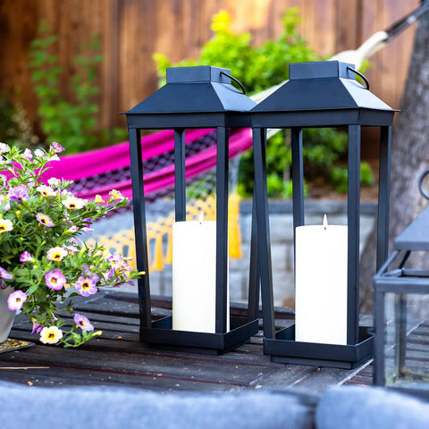 Two Large Outdoor Solar Powered Lanterns With Open Frame No Glass Black Metal 19 Inch Tall Dusk To Dawn Timer Flickering LED