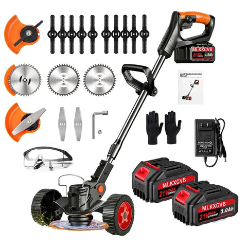 Cordless 21V Weed Eater with Stringless Design, 3 Blade Types, Dual 4000mAh Batteries, Fast Charge, 3 In 1 Electric Yard Brush Cutter