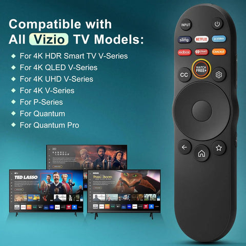 Universal TV Remote For All SmartCast TVs Works With V Series M Series D Series P Series PX Series E Series And More Replacement Remote Control For FHD 1080p 4K QLED UHD Televisions shown with compatible TV models
