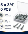 Washer Head Screws Set No 8 x 3/4 in, 80 Pieces in Storage Box, Phillips Drive, deep threaded screws with clear box