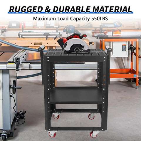 Straight Up Workhorse 550 Lb Power Tool Table With Smooth Rollin Wheels And Adjustable Height Legs For Planers And Miter Saws Plus Double Shelf Storage, showing rugged mobile cart with circular saw.