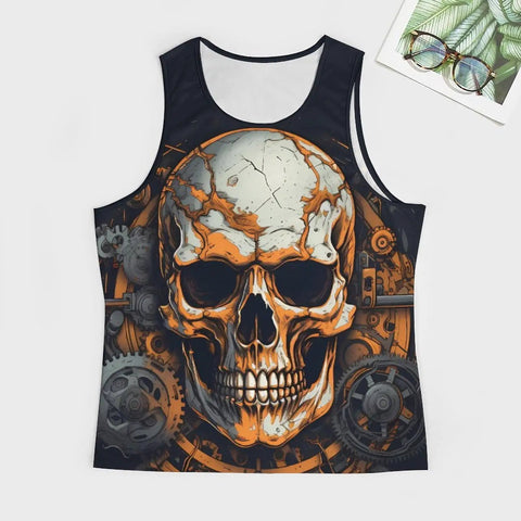 Mens Metal Gear Skull Graphic Tank Top Quick Dry Cotton Sleeveless Muscle Tee featuring a bold skull design, ideal for gym or beach wear.