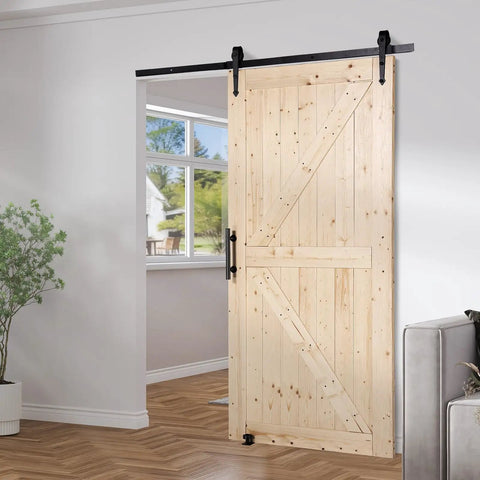 Badass 42X84 Inch Sliding Barn Door With Full 7Ft Hardware Kit And Glide Handle Solid Wood Core Panels in natural finish.