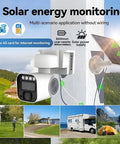 4G LTE Solar Security Camera Wireless Outdoor With Built In SIM Card IP65 Rated 360 Degree Live View Two Way Audio No WiFi Required Plug And Play Off Grid Surveillance mounted on a wooden post with solar panel and outdoor scenery.