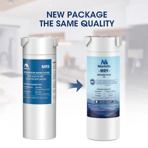 Comparison of new and old packaging for MR9 refrigerator water filter, highlighting NSF certification and compatibility.