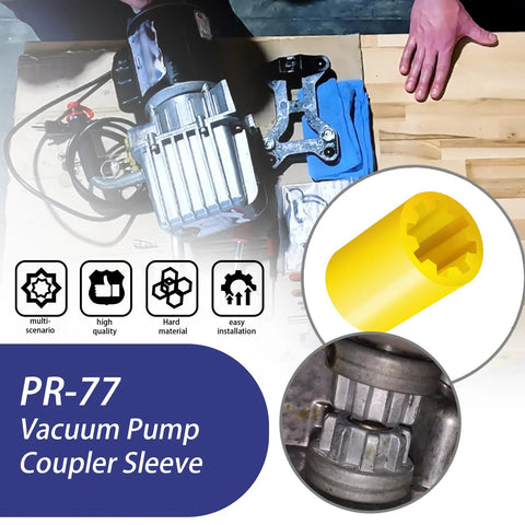 PR-77 Vacuum Pump Coupler Sleeve in packaging; yellow spline insert and metal pump housing (Amazon brand)