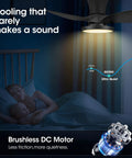 Quiet 32 Inch Ceiling Fan With LED Light And DC Motor, remote control highlighting low noise and brushless motor benefits.
