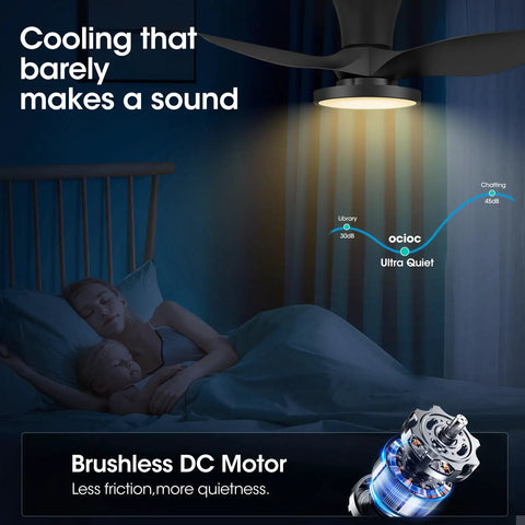 Quiet 32 Inch Ceiling Fan With LED Light And DC Motor, remote control highlighting low noise and brushless motor benefits.