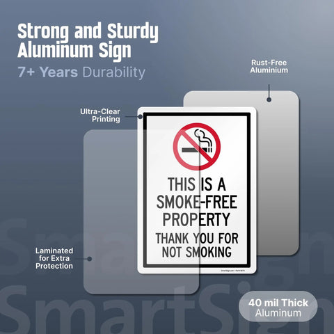 Straight Up Smoke Free Property Sign Featuring Bold No Smoking Symbol, 14 X 10 Inch Heavy Duty Rustproof Aluminum Metal Wall Yard Sign, Super Durable Indoor Outdoor Setup, Made Right In Usa, rust-free 40 mil thick aluminum sign.