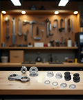 E Bike Hub Motor Axle Kit With 12mm Shaft Front Lock Nut Washer And Protective Cover on workshop table