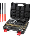 61 Piece Thread Repair Kit For Auto Mechanics And DIYers With Taps Dies Files And Pitch Gauges Rethread Damaged Screws Bolts And Nuts In UNC UNF And Metric M6 To M14 in black carrying case with red-handled tools
