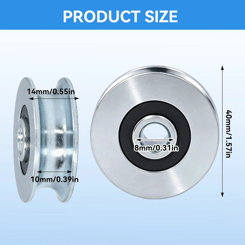 4 Piece U Groove Track Guide Bearings Set for Pulleys and Rails, U Type Roller Wheels, 40mm Outer Diameter, 8mm Bore, Alloy Steel, Heavy Duty, Easy Install, Smooth Rolling, Symmetrical Alignment. size view